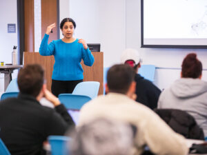 Dr. Keerthi Krishnan teaches BCMB 415 (Foundations in Neurobiology) inside the Ken and Blaire Mossman Building.